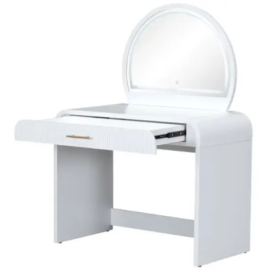 40"W Dressing Table Vanity Table Makeup Table with Touch Screen Lighted Mirror and Large Drawe, White-ModernLuxe image {9}