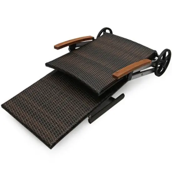 Tangkula Outdoor Rattan Wicker Lounge Chair Folding Patio Chaise w/ Wheels & Cushion image {9}