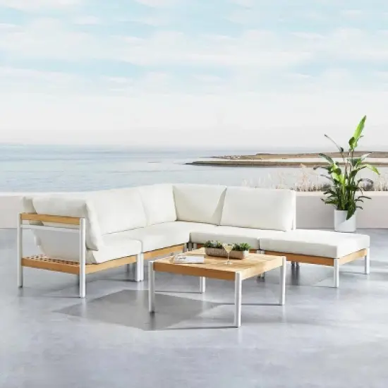 Modular Outdoor Corner Sofa Set Wood Grain Texture Sectional w/ Chaise Longue & Ottoman + Square Coffee Table image {2}