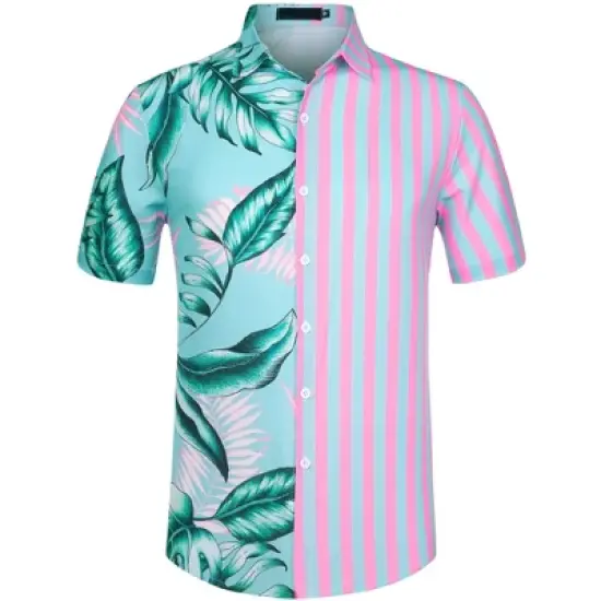 Lars Amadeus Men's Summer Button Down Hawaiian Tropical Floral Leaf Striped Patchwork Shirts image {10}