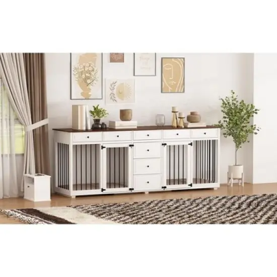 FUFU&GAGA 89" Dog Crate Furniture Large Furniture Style Dog Crate with Drawers White image {7}