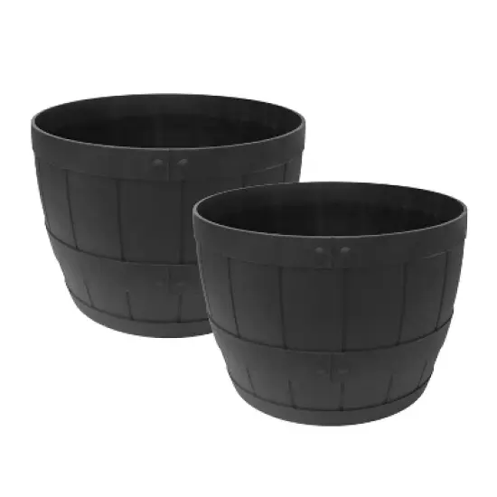 Tierra Verde 2pc Whiskey Barrel Indoor Outdoor Self-Watering Planter Pots Black 23"x15" image {9}