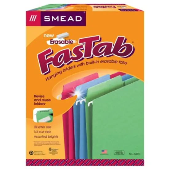 Erasable FasTab Hanging File Folder, 1/3-Cut Built-In Tab, Letter Size, Assorted Colors, Box of 18 image {1}