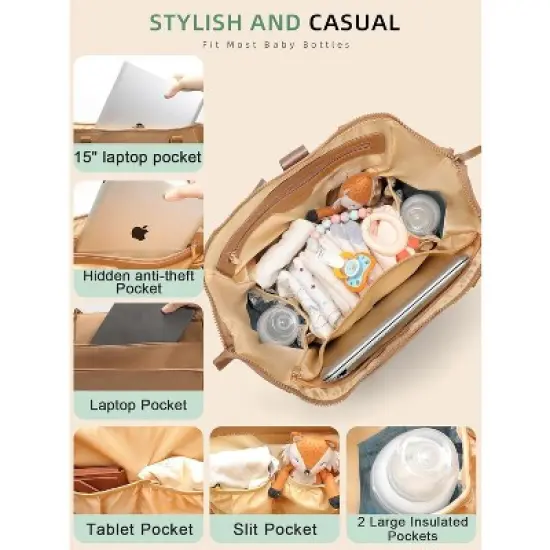 Itopfox Neoprene Diaper Bag Tote with Changing Station, 14 Pockets Large Capacity Travel Baby Bag, Convertible Diaper Tote, Brown image {4}