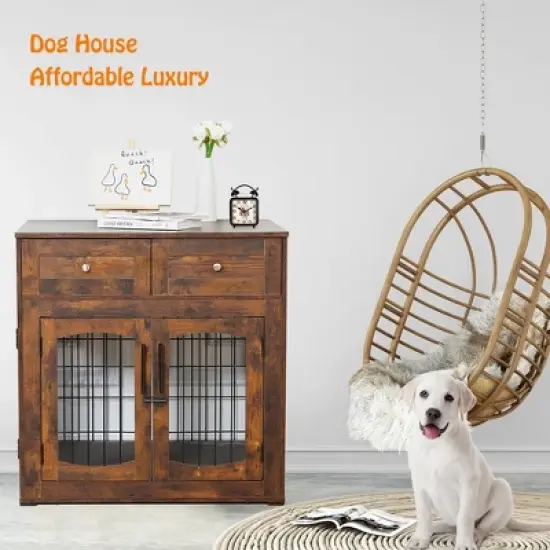 COZONY Wooden Dog Crate Furniture with 2 Drawers & 3 Doors, Removable Cushion, Decorative End Table Pet Cage for Small to Large Dogs image {5}