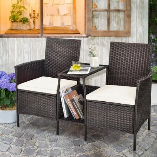 Costway Patio Rattan Wicker Conversation Set Sofa Cushioned Loveseat Glass Table image {11}