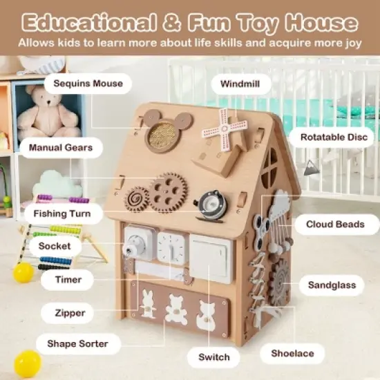 Costway Wooden Busy House Montessori Toy with Sensory Games & Interior Storage Space image {7}