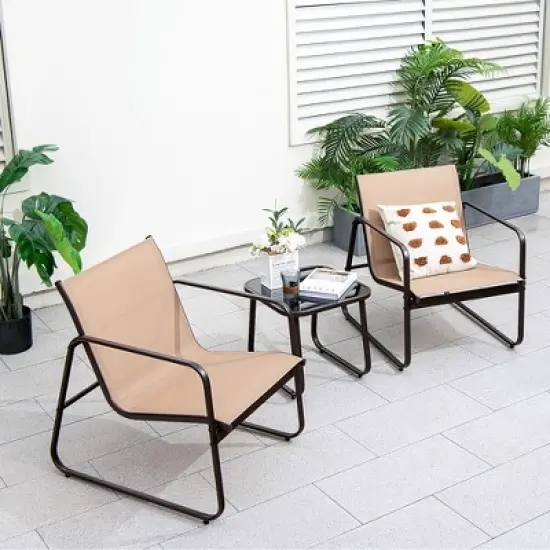 Costway 3 Pieces Patio Conversation Set Outdoor Metal Chair & Table Tempered Glass Top image {9}