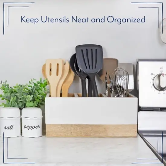 AuldHome Wood/Enamel Utensil Holder, Mango Wood 3-Compartment Farmhouse Cooking Caddy or Spoons/Forks/Knives Storage image {3}