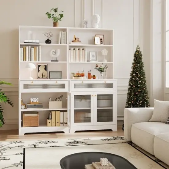 62-Inch Kitchen Pantry Cabinet Freestanding Storage Cupboard with 5-Tier Shelf, Drawer,2 Glass Doors & Adjustable Shelves image {1}