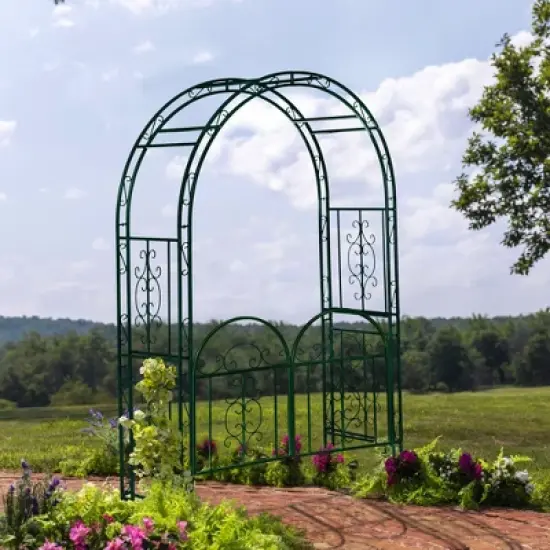 Evergreen Montebello Iron Garden Arbor with Gate, Forest Green- 53 x 84 x 23 Inches Fade and Weather Resistant Outdoor Decor image {2}