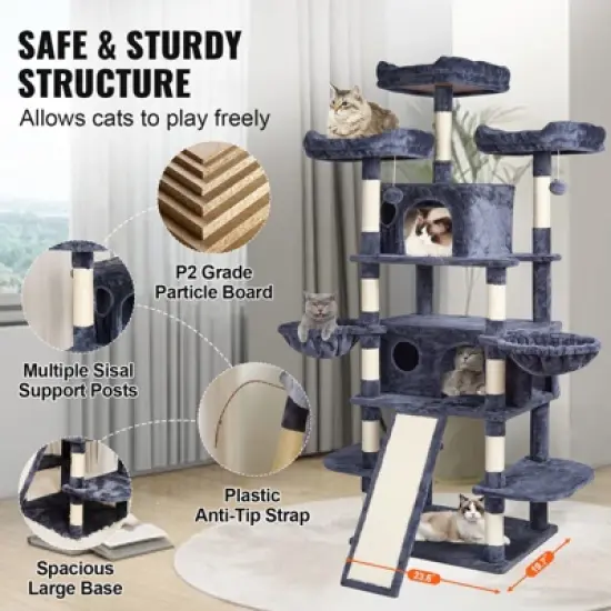 VEVOR Cat Tree for Indoor Cats, 68.5" Cat Tower with 2 Cat Condos, Sisal Scratching Post, Hammocks, Top Perches, Jumping Platforms and Ramp image {6}