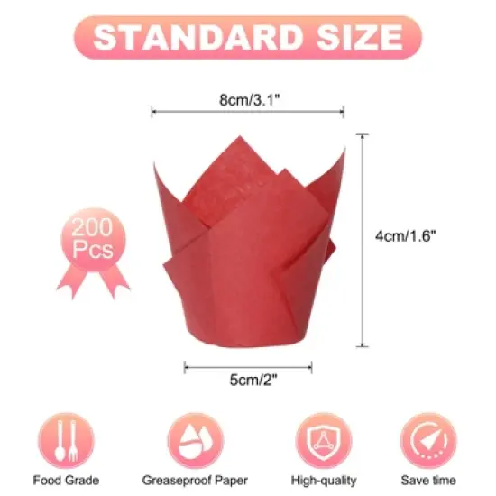 Unique Bargains Greaseproof Paper Cupcake Muffins Liners Tulip Baking Cups 200 Pcs image {1}