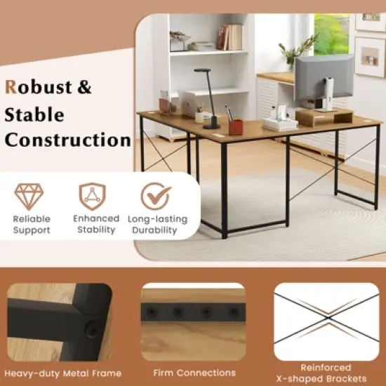 Tangkula L-Shaped Computer Desk with Power Outlets 95&rdquo; Long 2-Person Desk with Monitor Shelf Modern Corner Desk Gaming Table with USB Ports Natural image {7}