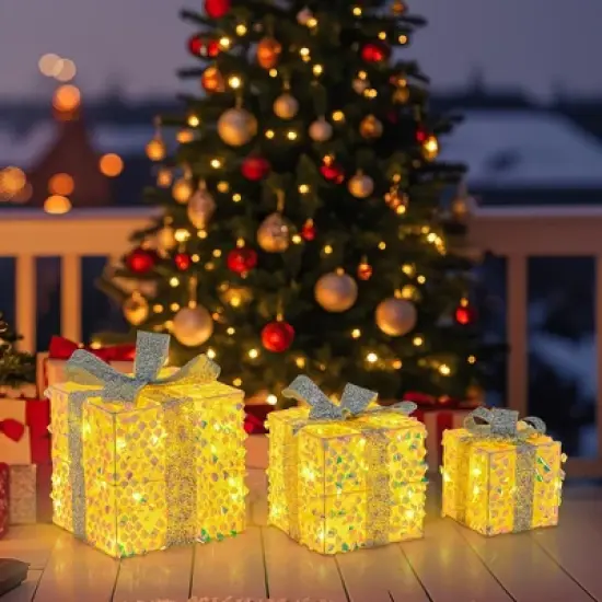 Tangkula Set of 3 Christmas Lighted Gift Boxes Pre-lit 90 LED Light Up Present Box Decorations with Bows and Plug image {3}