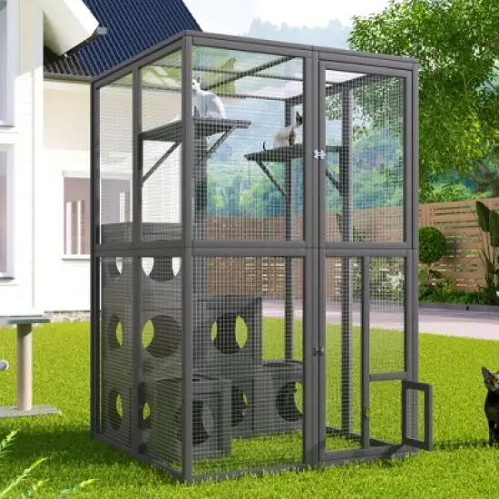 Catio Outdoor Cat Enclosure, 68.9"H Wooden Cat Playen Catio with 2 Jumping Platforms & 7 Napping Houses, Feral Animal Shelter for Multiple Cat image {8}