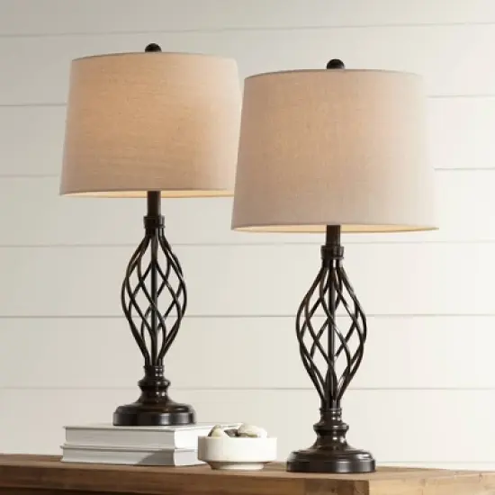 Franklin Iron Works Annie Modern Industrial Table Lamps 28" Tall Set of 2 Bronze Iron Cream Tapered Drum Shade for Bedroom Living Room Nightstand image {1}