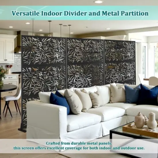 TOAOTBNBO Metal Privacy Screen with Stand, Decorative Privacy Fence Panels with Bamboo Leaf Pattern, Outdoor Privacy Screen for Garden, Black image {5}