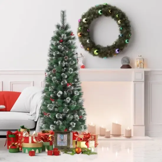 6FT Potted Christmas Tree with 140 Warm LED Lights &ndash; Artificial Outdoor Decor for Front Door, Porch, Includes Light Box, Pencil Tree image {6}