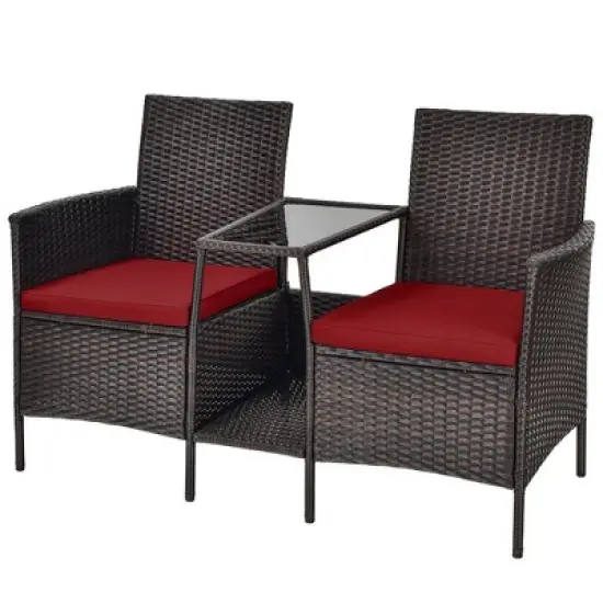 Costway Patio Rattan Wicker Conversation Set Sofa Cushioned Loveseat Glass Table image {7}