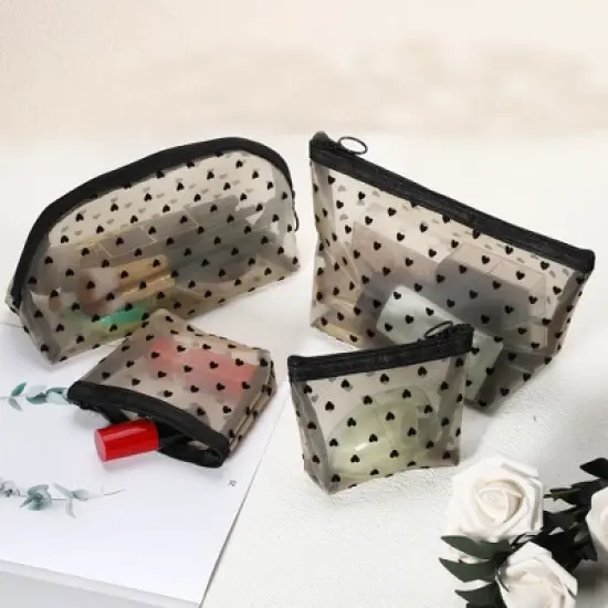 Unique Bargains Women's Heart Shape Print Mesh Makeup Bag 4 Pcs image {2}