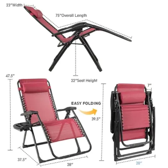 Tangkula Oversized Zero Gravity Lounge Chair Folding Recliner w/ Cup Holder & Pillow, Red image {3}