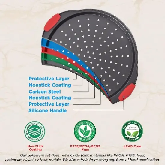 NutriChef 14.8" 4-Piece Non-Stick Perforated Pizza Tray with Silicone Handle Carbon Steel NCBPIZ1X4 image {2}