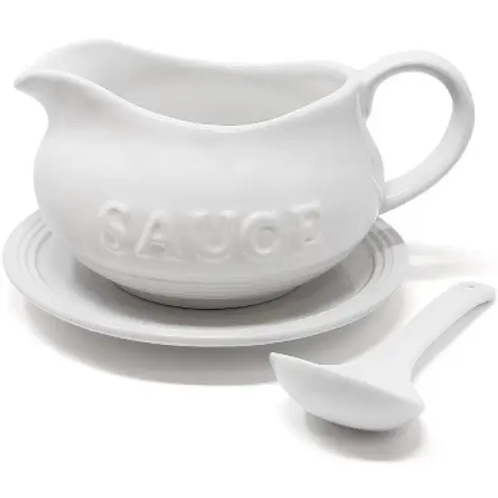 KOVOT 24 Oz Gravy Boat, Tray and Ladle Set - Perfect for Gravies, Sauces, and Dressings - White Elegant Ceramic with The Word "Sauce" On It image {6}