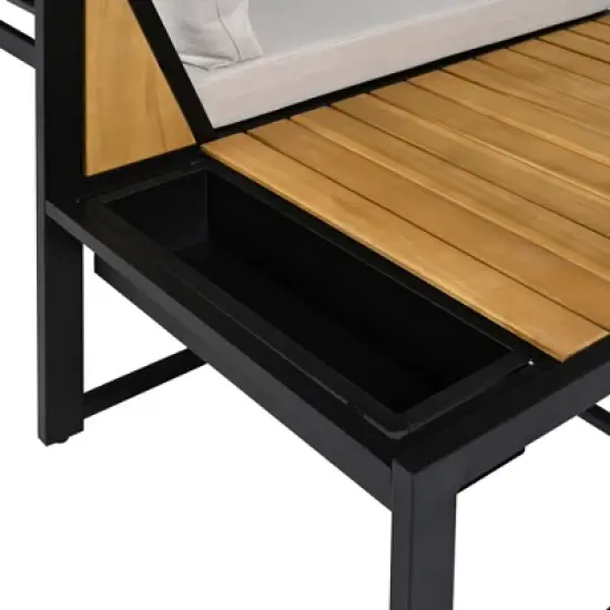 Patio Sectional Sofa Set, Outdoor Iron-Wood Seating Group Conversation Set with Side Table and Cushions for Garden, Backyard -ModernLuxe image {12}