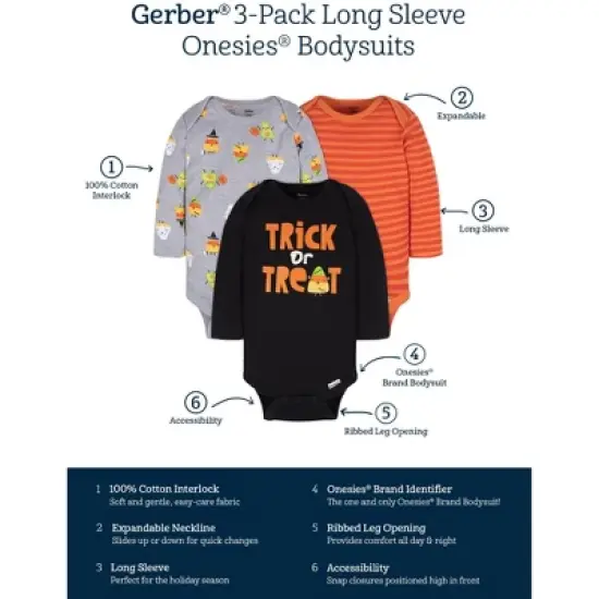 Gerber Baby Halloween Onesies Bodysuits, Trick Or Treat - 3-Pack image {7}