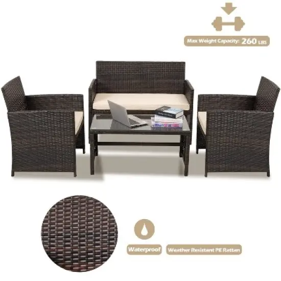 FIONECA Deluxe 4-Piece Patio Furniture Set &uml;C Brown Rattan Outdoor Conversation Set with Beige Cushions & Table image {1}