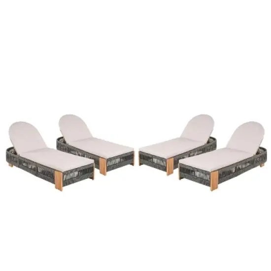 Set of 4 Outdoor Acacia Wood Chaise Lounge with Adjustable Backrest, Rope Accent Pool Lounge Chair, Waterproof Cushion Garden Lounger-Coolbibila image {4}