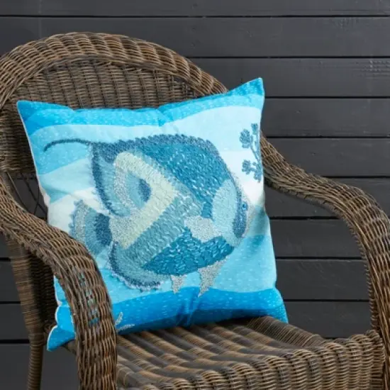 Saro Lifestyle Outdoor Embroidered Fish Poly Filled Pillow, 20"x20", Blue image {3}