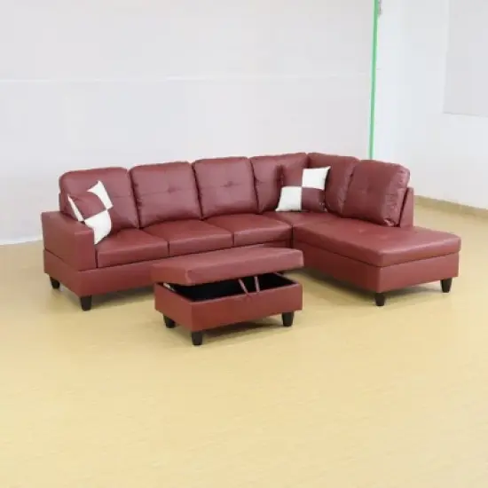 Elegant Red Semi-PU Leather Sectional Sofa - L-Shaped Design, Plush Cushions, Storage Ottoman, Modern Living Room Furniture image {2}