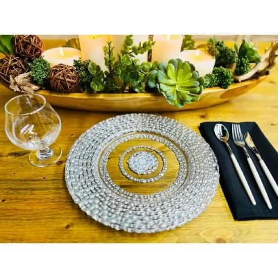 Essential Decor & Beyond  13.2" Modern Round Glass Charger with Silver Oval Pattern Set of 4 image {1}