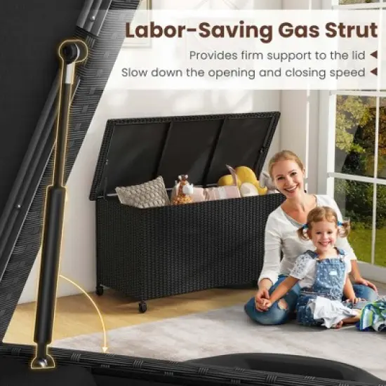 Costway 85 Gallon Rattan Deck Box with Waterproof Liner Universal Wheels & Gas Strut Brown/Black image {8}