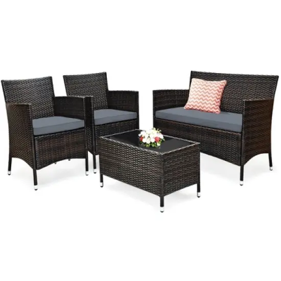 Costway 4PCS Rattan Patio Furniture Set Cushioned Sofa Chair Coffee Table image {3}