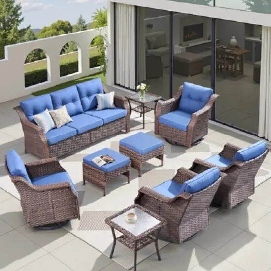 Buenhomino 9PCS Patio Furniture Set, Outdoor Wicker Sofa with Swivel Rocking Chairs Set of 4, Ottomans,Thick Cushions,Rattan Conversation Set image {10}