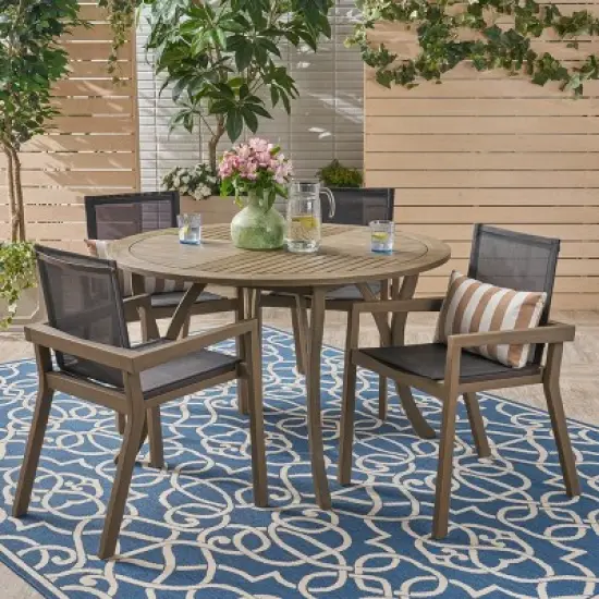 Christopher Knight Home Lockett Outdoor Mesh and Acacia Wood 5 Piece Dining Set image {10}