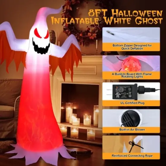 Costway 8 FT Halloween Inflatable White Ghost with Rotatable Flame LED Lights image {5}