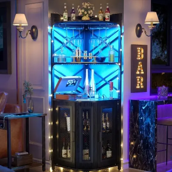 Aheaplus Corner Wine Cabinet with LED Strip and Glass Holder image {1}