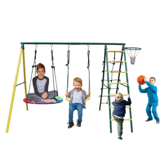 106.50"Indoor/Outdoor Metal Swing Set with Safety Belt for Backyard,Multicolor image {7}