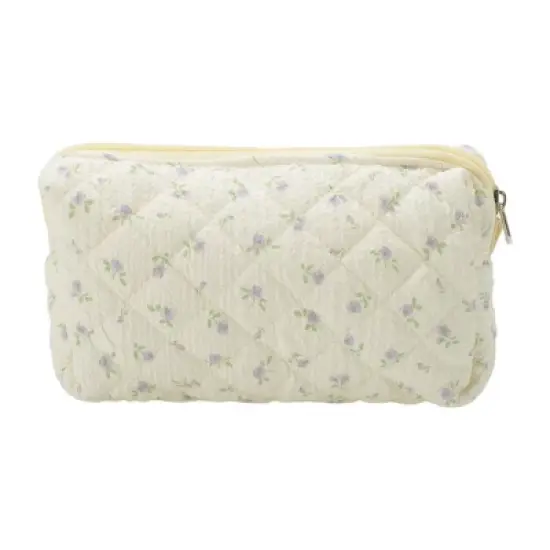 Unique Bargains Purple Flowers Makeup Bag Beige 1 Pc image {5}