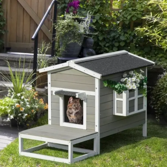 PawHut Wooden Wooden Cat House Feral Cat Shelter Kitten Condo with Escape Door, Porch and Flower Stand - Dark Gray/White image {2}