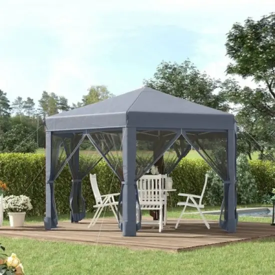 Resenkos Patio Garden Pergola, Pergola Canopy,13' x 11' Hexagonal Pop Up Gazebo with 6 Mesh Sidewall Netting, 3-Level Adjustable Height, Gray Dark image {1}