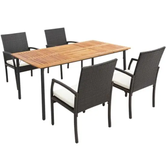Costway 5PCS Patio  Dining Set Cushion Armchairs Acacia Wood Table with Umbrella Hole image {9}