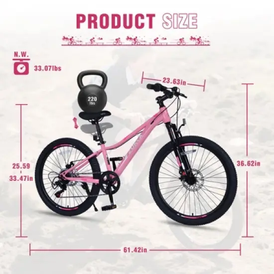 Gulches Kids' Mountain Bike 24 Inch, Shimano 6-Speed, Reinforced Steel Frame, Dual Disc Brakes, Black Leather Saddle, for Boys & Girls image {2}