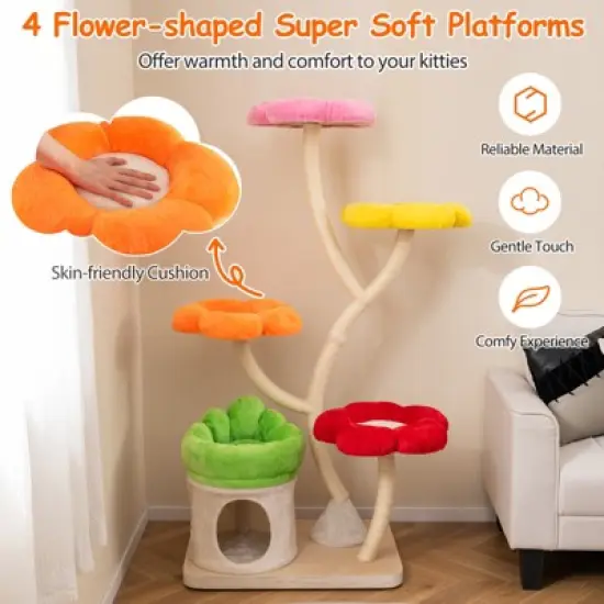 Tangkula 64" Multi-layer Cat Tower w/4 Colorful Flower-shaped Platforms Scratching Posts image {6}