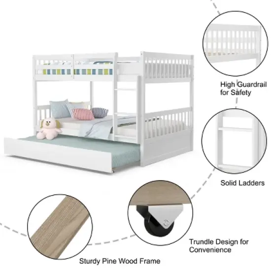 Costway Full over Full Bunk Bed Platform Wood Bed w/ Trundle & Ladder Rail Brown/White image {7}