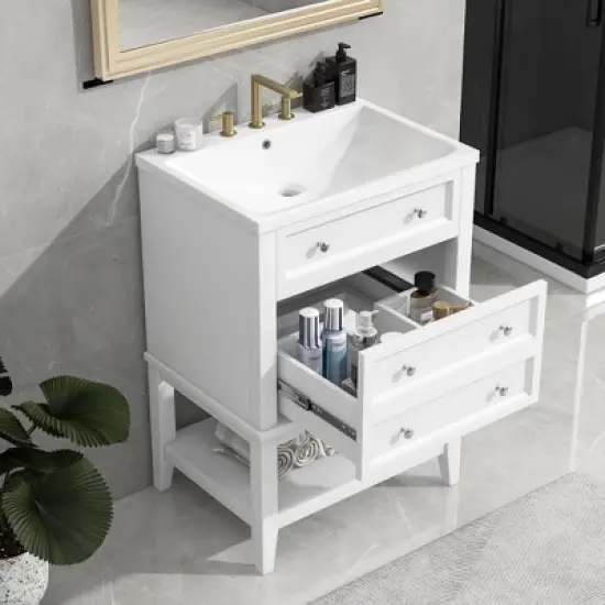 24" Free Standing Bathroom Vanity With Ceramic Sink Drawer Open Shelf Ample Storage Space Easy Assembly, White image {8}